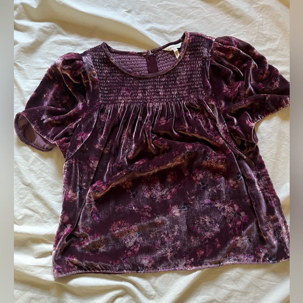 Rebecca Taylor Velvet Top Plum Floral Smocked Puff Sleeve SZ 8